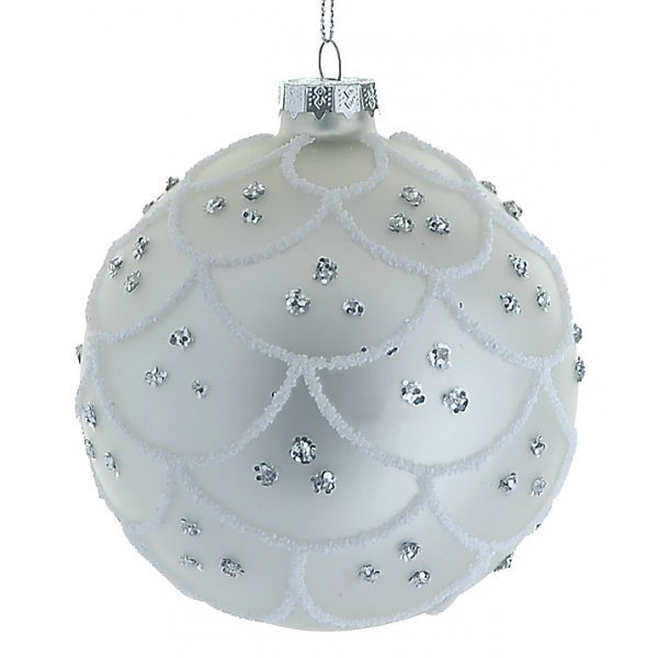 Χριστουγεννιάτικη Γυάλινη Μπάλα Λευκή, με Ανάγλυφα Σχέδια και Στρας (10cm)